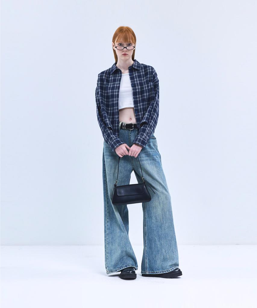 VIVABROWN 85-Viva097 Fuse Crop Long Sleeve Check Shirt Navy