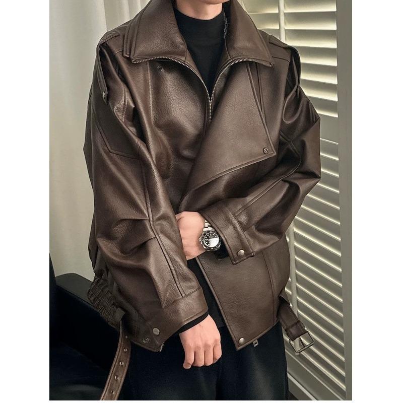 

High-End PU Leather Motorcycle Jacket with Heavyweight Lapel for Men & Women - Loose Fit, Spring/Autumn. M