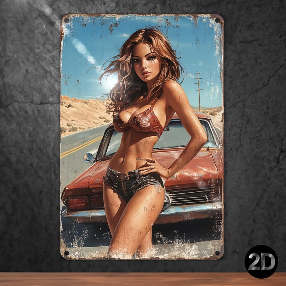 Vintage Pin-Up Girl mit Oldtimer Retro Metallblechschild Wanddeko