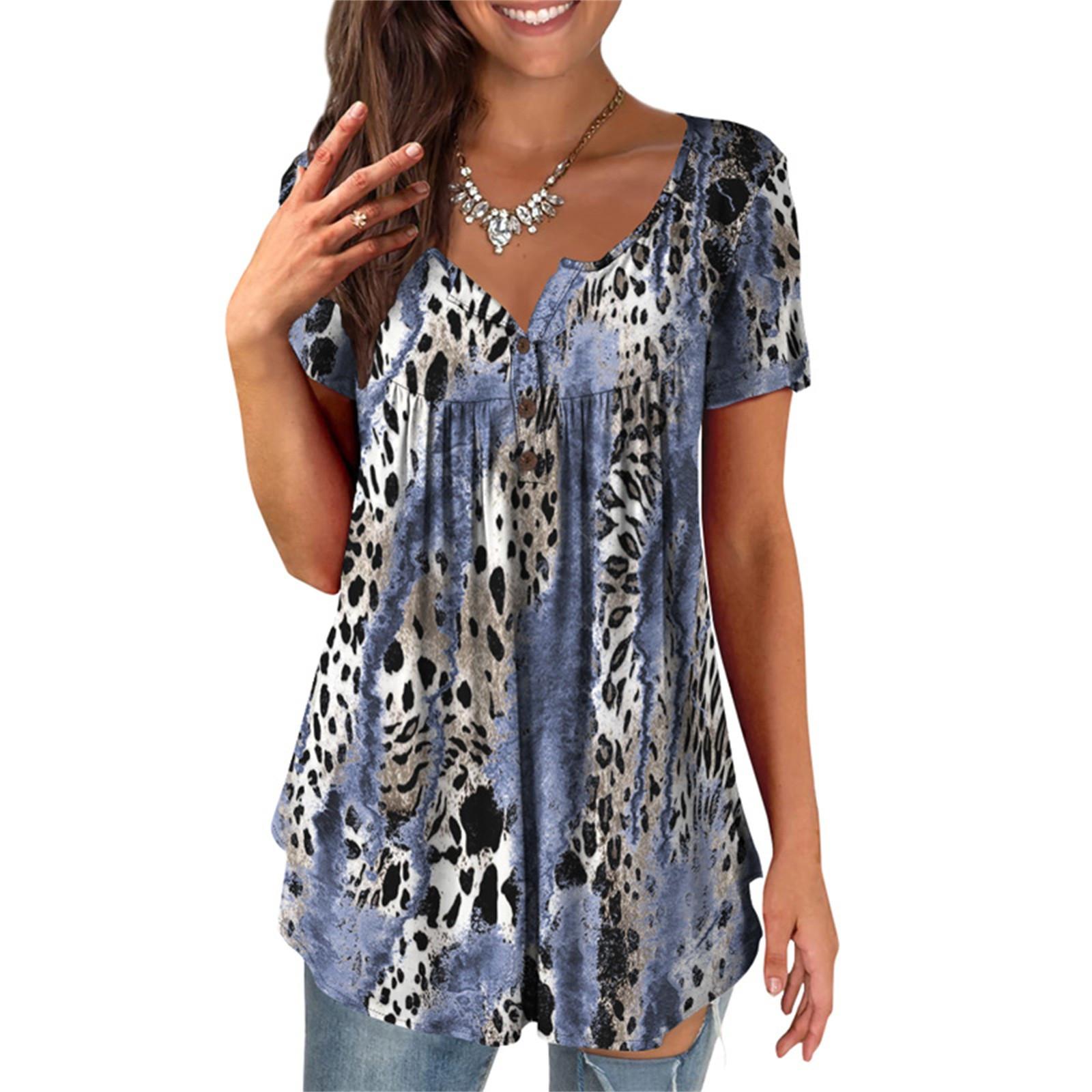 

Women s Short Sleeve Shirts Ruffle Tops Loose Tops Casual Oversized Tops Pleated Tops Button Down Casual Summer Leopard Print Tops XL синій
