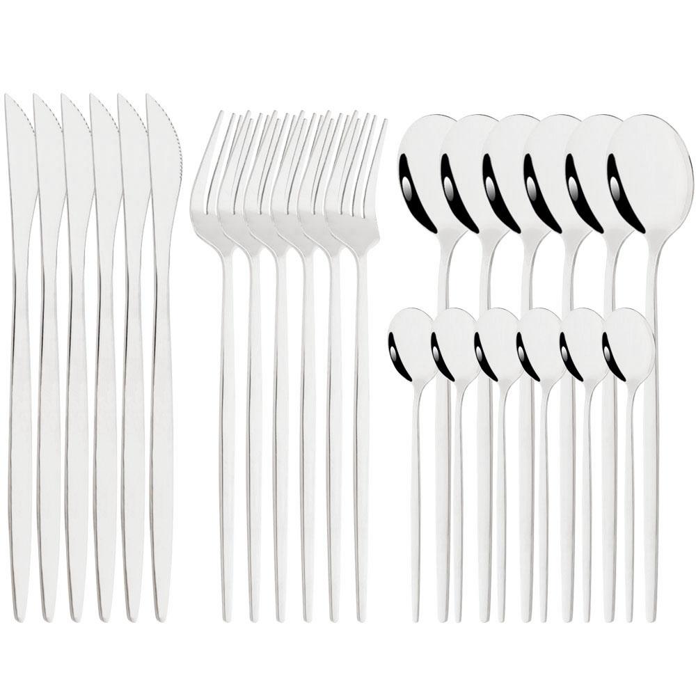 JANKNG Western 24pcs Dinnerware Set Stainless Steel Cutlery Set Black Knife Fork Spoon Silverware Set Flatware Set Tableware Set