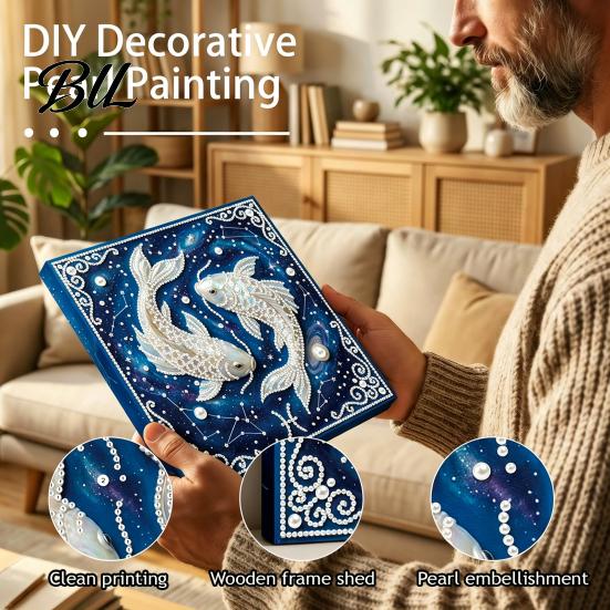 Faux Pearl Painting Crafts DIY Kit, 12 Zodiac Signs Rhinestone Art Set for Kit Adults Beginners, Handmade Wooden Frame Fake Wall Decoration