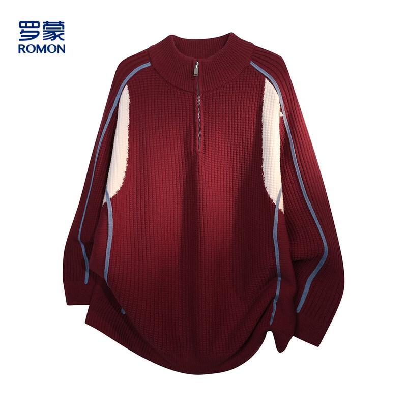 ROMON Men's Color-Block Half-Zip Casual Knit Sweater