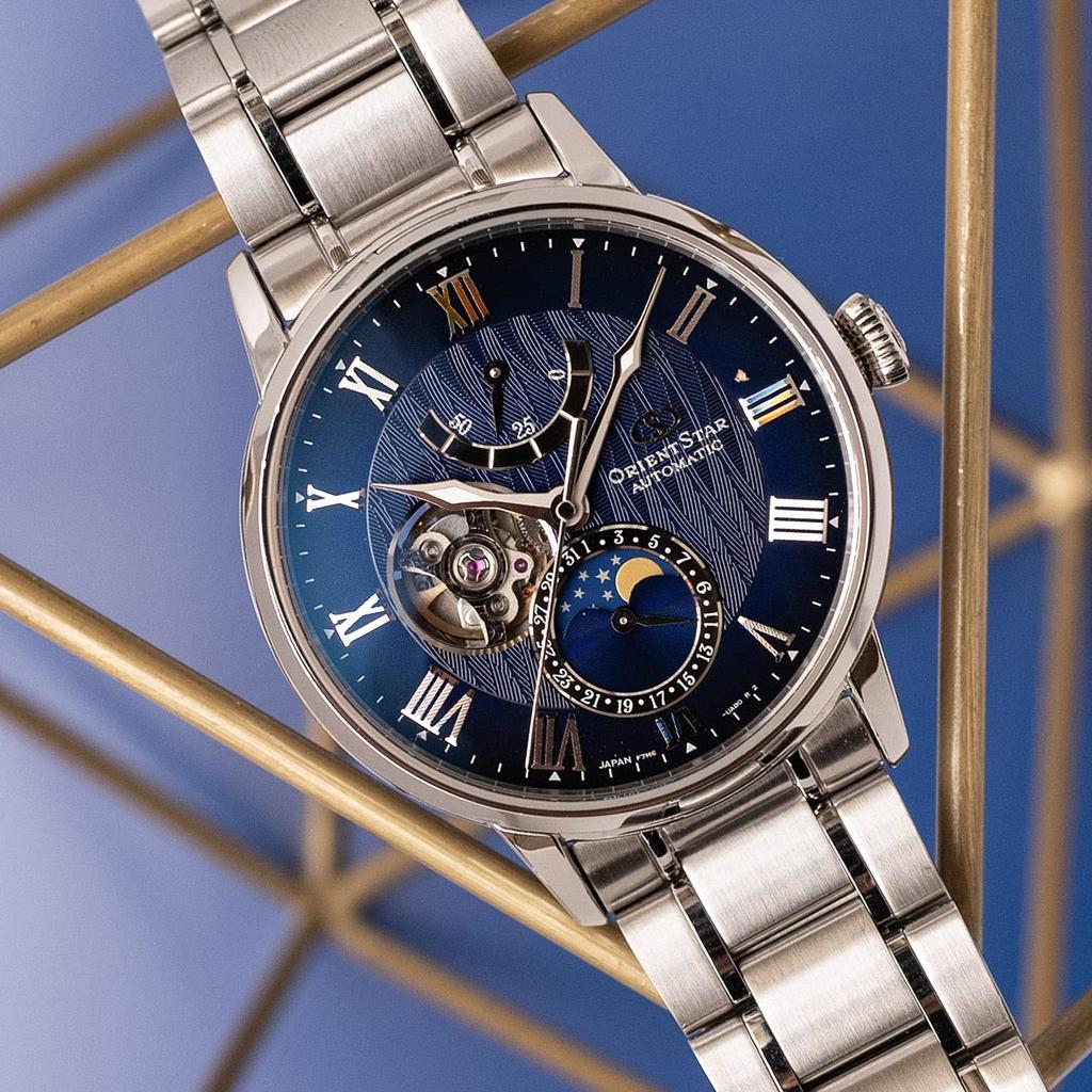 ORIENT STAR Automatické hodinky M45 F7 Mechanické s fázemi měsíce Vyrobeno v Japonsku 2letá záruka v tuzemsku Open Heart Navy [Orient Star]