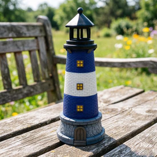 Lighthouse Ornaments Solar Powered with Rotating Light Effect Ornament Waterproof Resin Garden Decor for Lawn Patio Balcony
