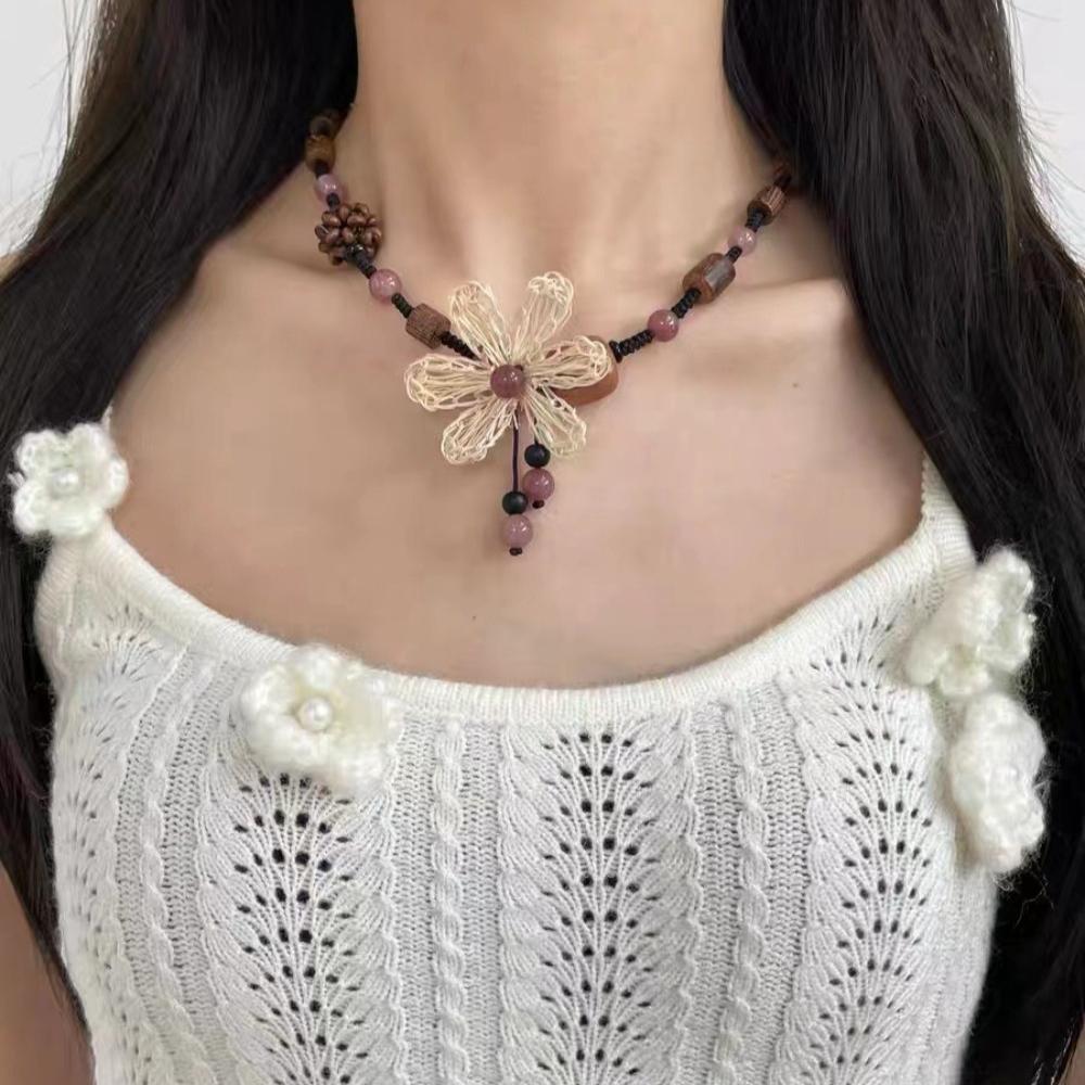 Bohemia White Hollowed-out Five-petal Flower Pendant Wooden Beads Black Rope Woven Necklace for Women Jewelry Two Ways To Wear