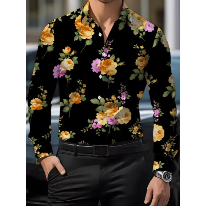 Herren langärmliges Hemd mit Knopfleiste und Kragen, floraler Aufdruck, formell, romantisch, große Blume blühende Blume Ganzkörperdruck, Herren Tropi