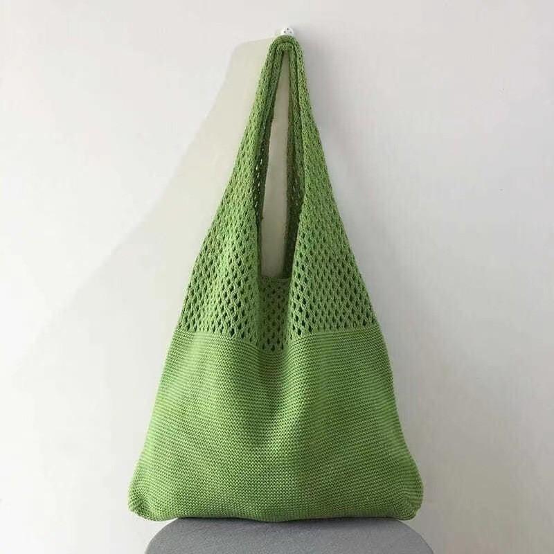 Large Capacity Knitted Tote Bag Korean INS Fashion Solid Color Hollow Out Shoulder Handbag for Women