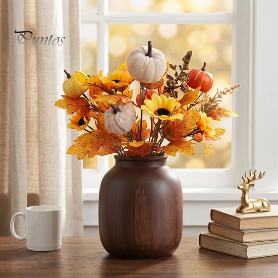 Bouquet Autunnale Artificiale con Zucche in Tessuto Foglie d'Acero Bacche di Grano, Fiori Finti e Decorazioni Autunnali per Centrotavola del Ringraziamento, Stagionale