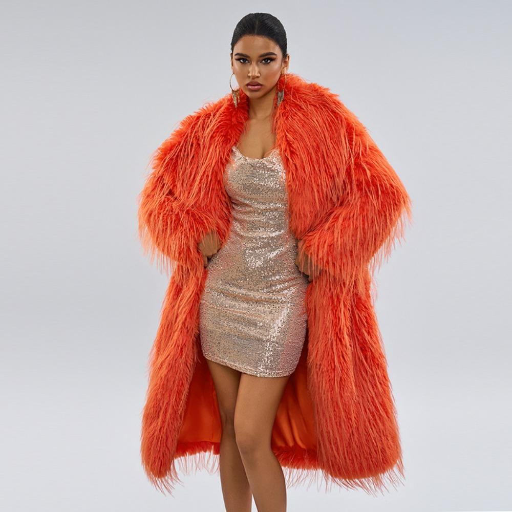 Women's Notched Collar Long Sleeve Fringed Faux Fur Coat Loose Fit Urban Style Overcoat