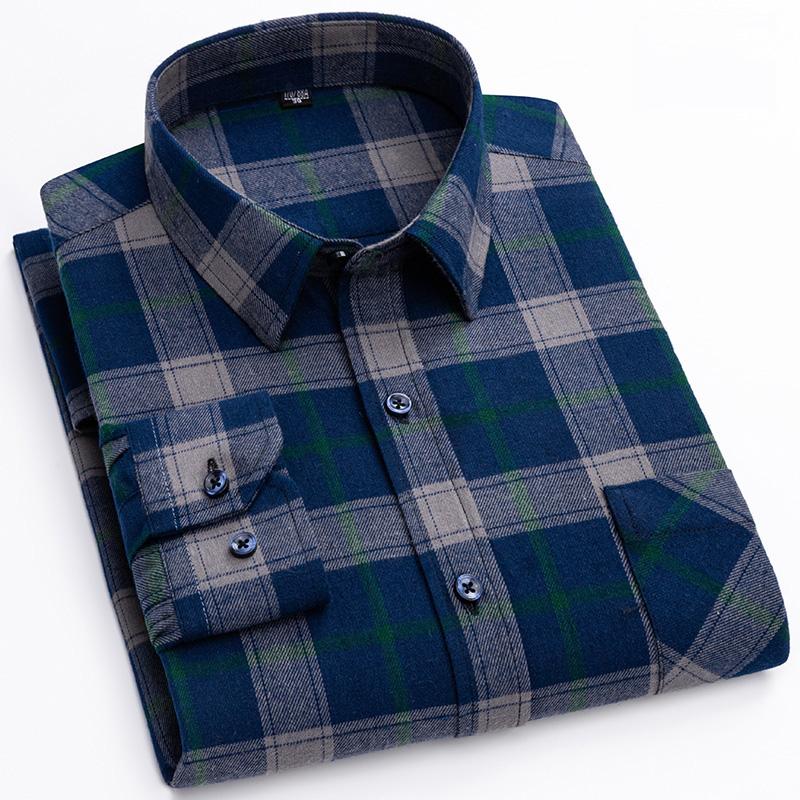 New Flannel Plaid Shirts For Men Spring Cotton Easy Care Non-iron Long Sleeve Casual Clothing Business Smart Dress Top Shirts