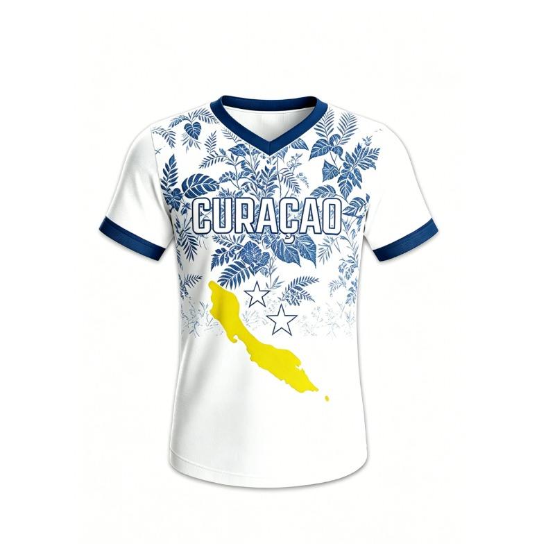 Curacao Themed Sports Short-sleeved T-shirt for Men and Women, Quick-drying and Breathable V-neck Football Training Clothes