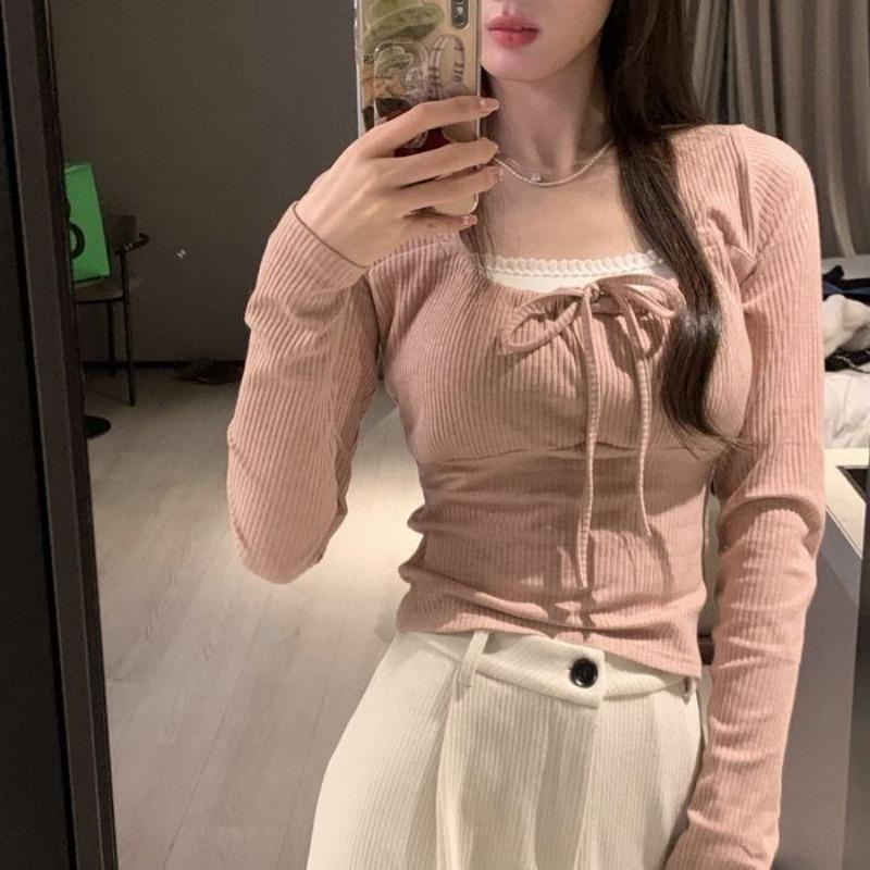 Strap Pure Slim Fit Sweet and Spicy Autumn Inner Pair Square Neck Short T-shirt Top for Women Slim and Versatile Base Shirt