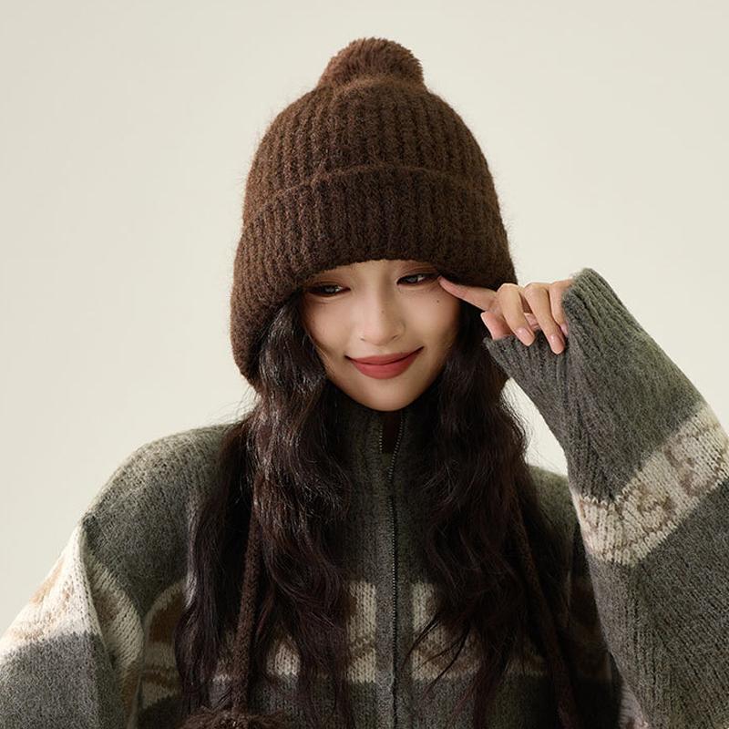 Autumn Winter Fur Ball Ear Protection Knitted Hat Cold-Proof Warm Big Head Wool Hat