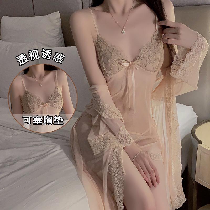 Women's Plus Size Lace Mesh Sheer Cami Sleep Dress with Robe Costume Set