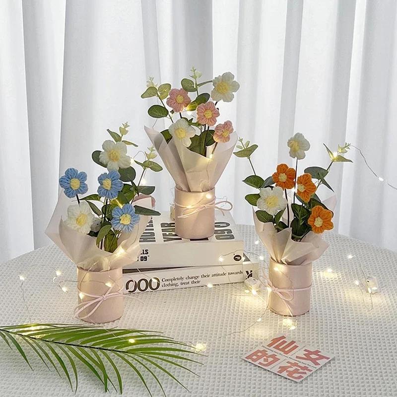 Crochet Flower Bouquet Teacher's Day Gifts with LED Light String Hand Knitted Flowers Graduation Artificial Flowers Decor