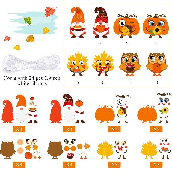 Sumind 24 Sets Fall Leaves Ornaments Decorations Autumn Fall Craft Kit for Kids Sets Owl Cutouts DIY Fun Pumpkin Owl Decoration Home Activities for