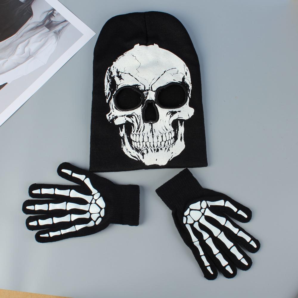 Black and White Skull Gloves and Hats for Men and Women Halloween Party Dress Up Suitable for Outdoor Windproof and Warm Keeping