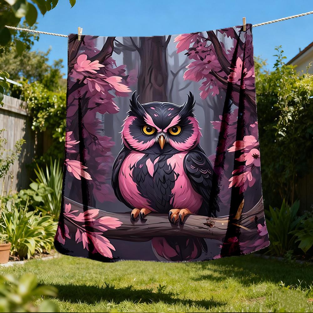 1pc Owl Cherry Blossom Branch Throw Blanket Polyester Fiber, Lightweight Flannel, Soft & Warm, All Season Use for Outdoor, Camping Digital Print