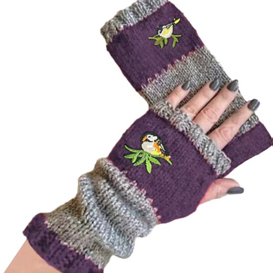 Yousheng 1 Pair Riding Gloves Embroidery Pattern Fingerless Knitted Gloves with Extended Cuffs Half-Finger Design Thumb Hole Winter Gloves