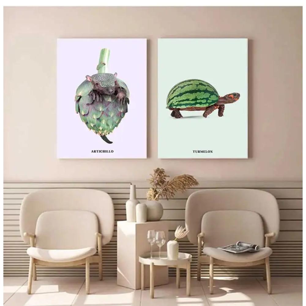 Funny Fruit Animal Poster, Kitchen Canvas Painting, Garlic, Goose,Cauliflower, Sheep Wall Picture, Living Room Decor