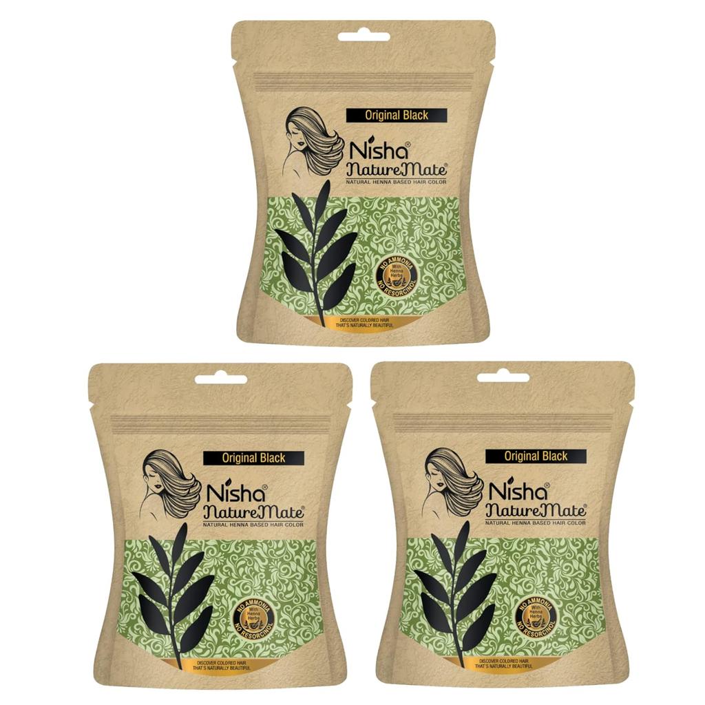Nisha Nature Mate Henna Haarfarbe für Männer Frauen 45g Packung mit 3 Naturschwarz Langanhaltender Glanz