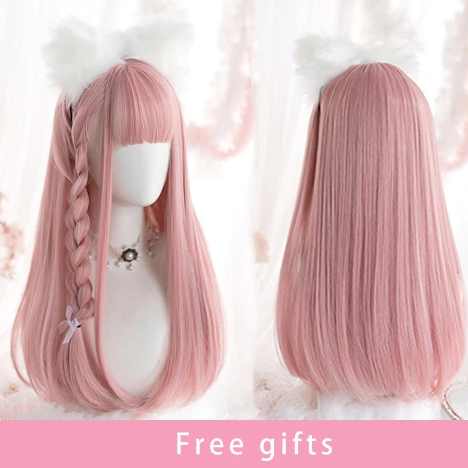 Synthetic Wig Pink Long Straight Wig With Bangs For Women Long Hair Heat Resistant Lolita Cosplay Party