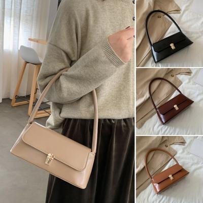 Women Shoulder Bag Smooth Waterproof Faux Leather Solid Closure Color Portable Buckle Commute Underarm Bag Travel Dating