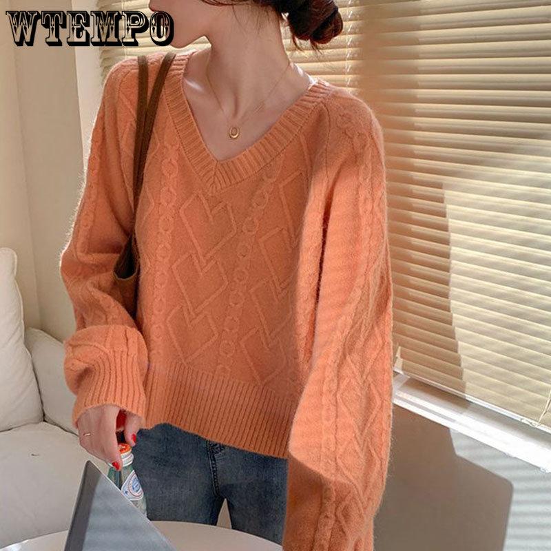 Knitted Heart Pattern Women Sweater Sweet Loose Short Pull Pullover Simple Casual Style V-neck Long Sleeve Top Korean Fashion