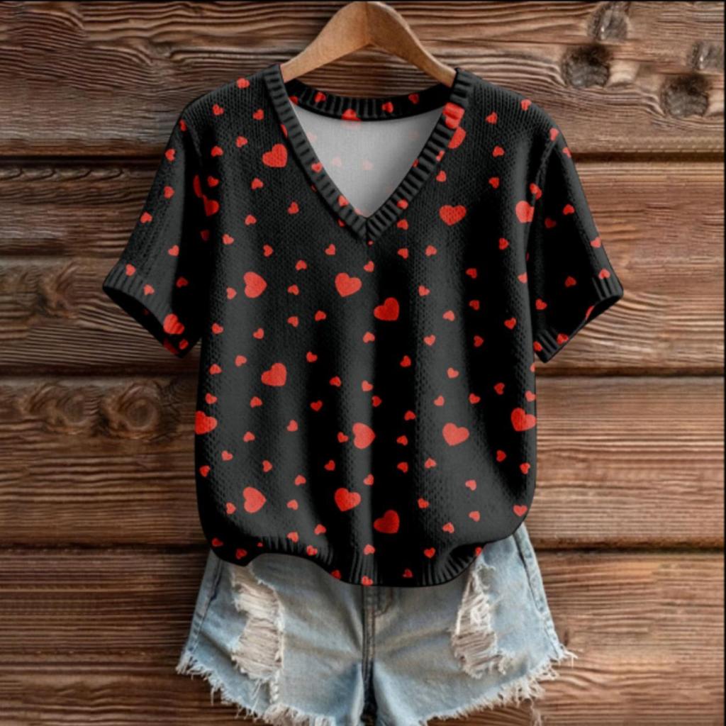 Phoenix Velvet Women's Plus Size V-Neck Knitwear - Cartoon Print Short Sleeve for Spring/Autumn.