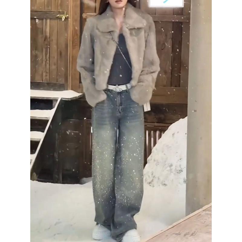 Women Wide Leg Jeans High Waist Sequin Embellished Gradient Wash Denim Pants Casual Fashion Trousers