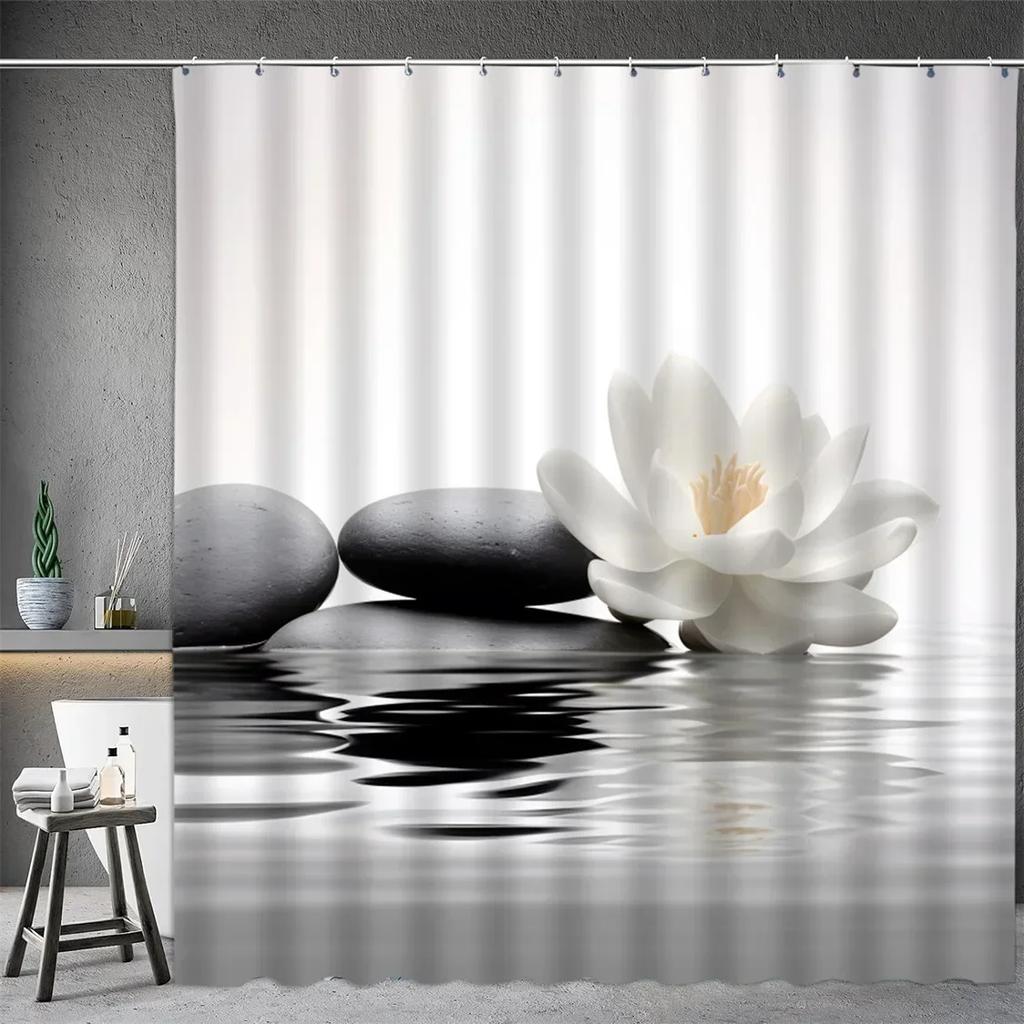 Black Stone Tower Zen Shower Curtain, Spa Decor Lotus Purple Orchid Flower and Bamboo, Cloth Fabric Bathroom Decor Accessory Set