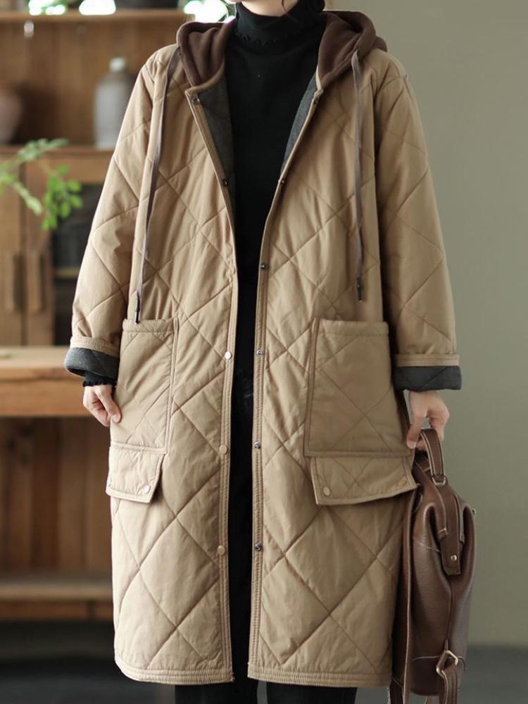 Toamnă Vintage Plus Size Palton rombic cu glugă Femei Iarnă Nouă Jachetă din bumbac Largi Casual Lungime mijlocie Jachete din bumbac căptușite în contrast de culoare