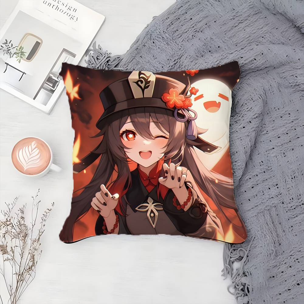 G-Genshin Impact-MT Cute Hu Tao Pillow Case Printing Pillowcase Living Room Sofa Cushion Cover Bedroom Room Decor