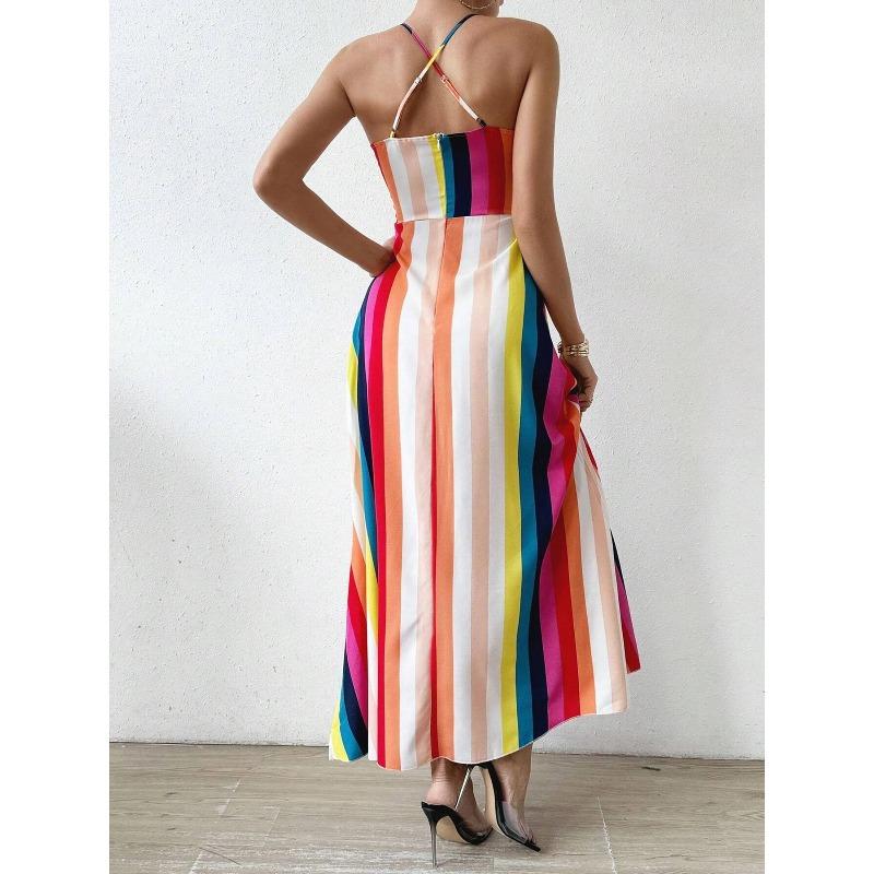 Women's Summer Ethnic Pattern Backless Split Thigh Dress Ladies Summer Clothes Fashion Frill Trim Long Dress Beach