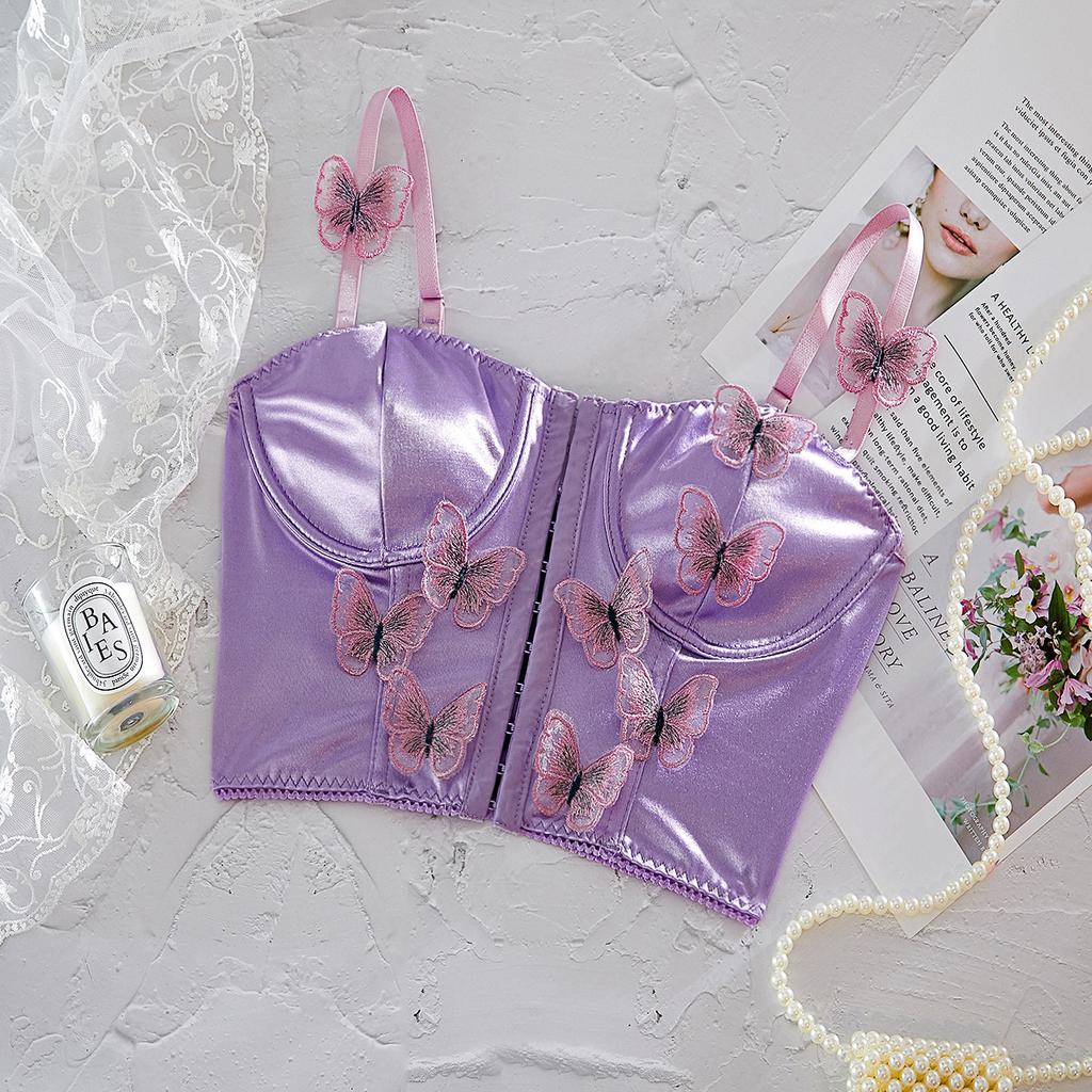 Women Summer Satin Butterfly Camis Purple Button Solid Color Crop Top Female Sexy Sleeveless with Straps Corset Y2k Tank Tops