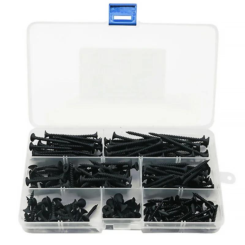 M3.5 Black Carbon Steel 220Pcs/Box Phillips Cross Flat Countersunk Head Self-tapping Wood Screws Set Assortment Kit Box