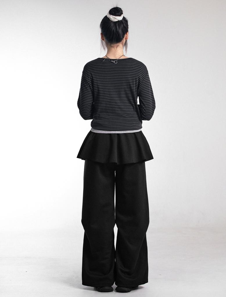 Lupeu Flare Elastic Waist Layered Skirt Skirt Pants Black