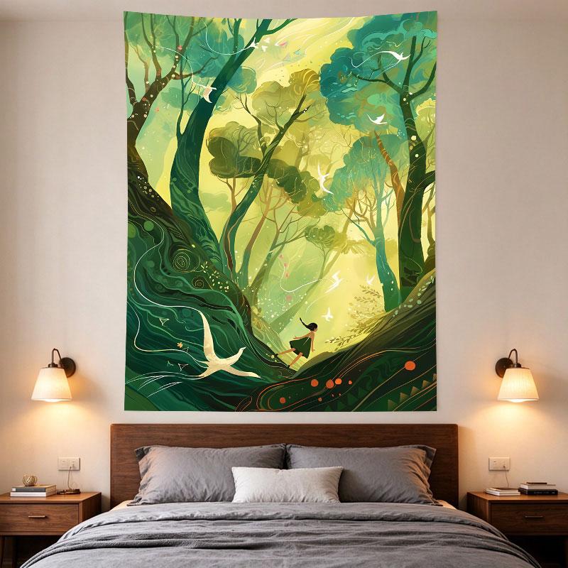 Girl Running Enchanted Forest Birds Green Fairytale Illustration Art