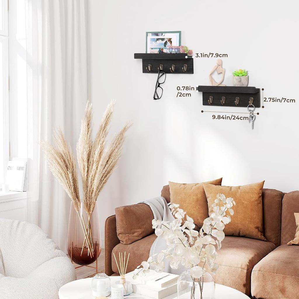 2 Pack Farmhouse Wooden Key Holder, Shelf with Hooks, Coat Rack Wall Mount, for Entryway, Bathroom, Kitchen (Black)