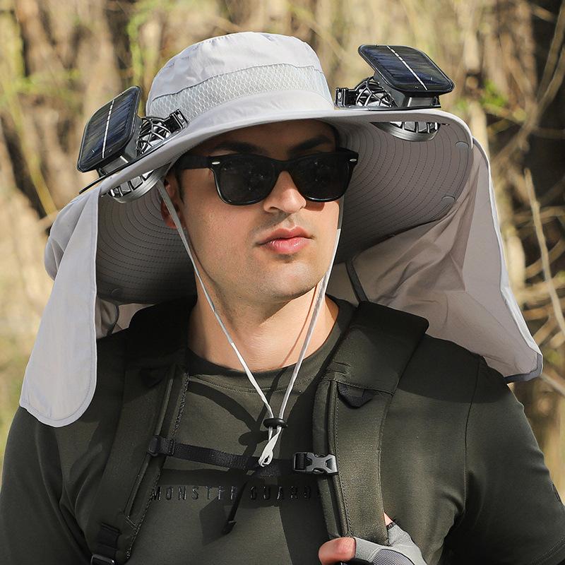 Men's Summer Outdoor Fan Hat, Rechargeable High-Wind Sun Hat Wide Brim UV Protection Hiking Bucket Hat
