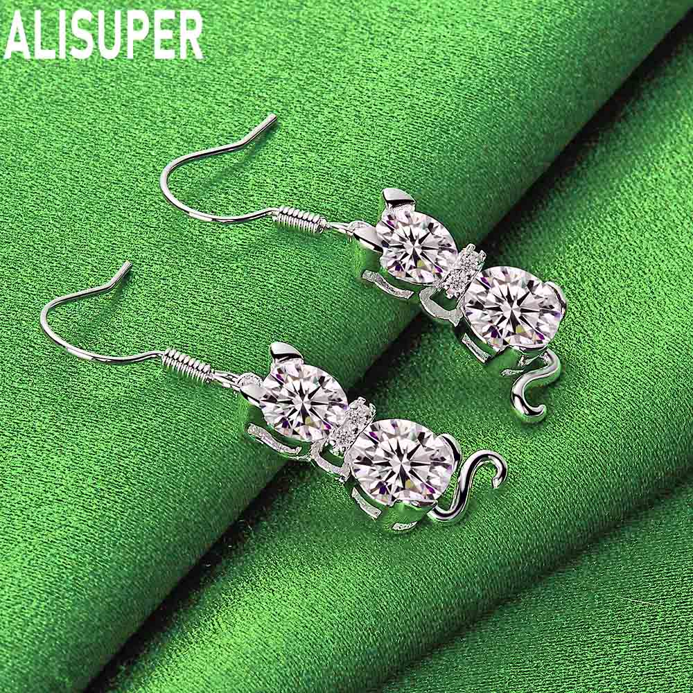 Cute 925 Sterling Silver AAA Zirconia Cat Earrings - Stylish Evening Jewelry