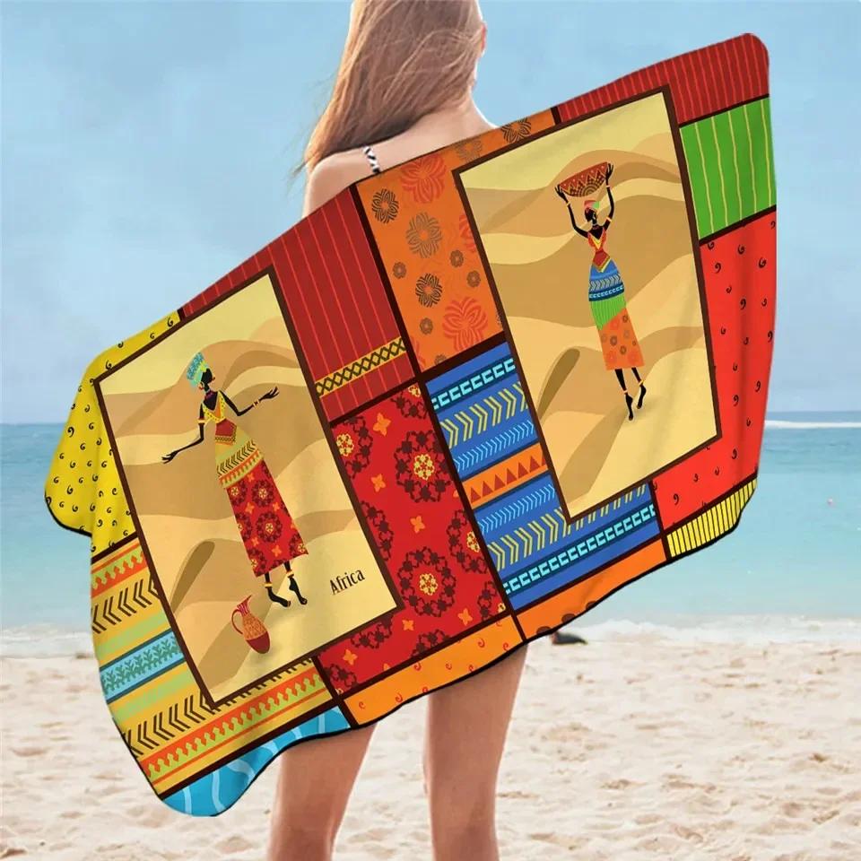 African Woman Beach Towel Bathroom Quick Dry Desert Geometric Sunblock Artworks Exotic Adult Towel for Yoga Camping Gym Hotel