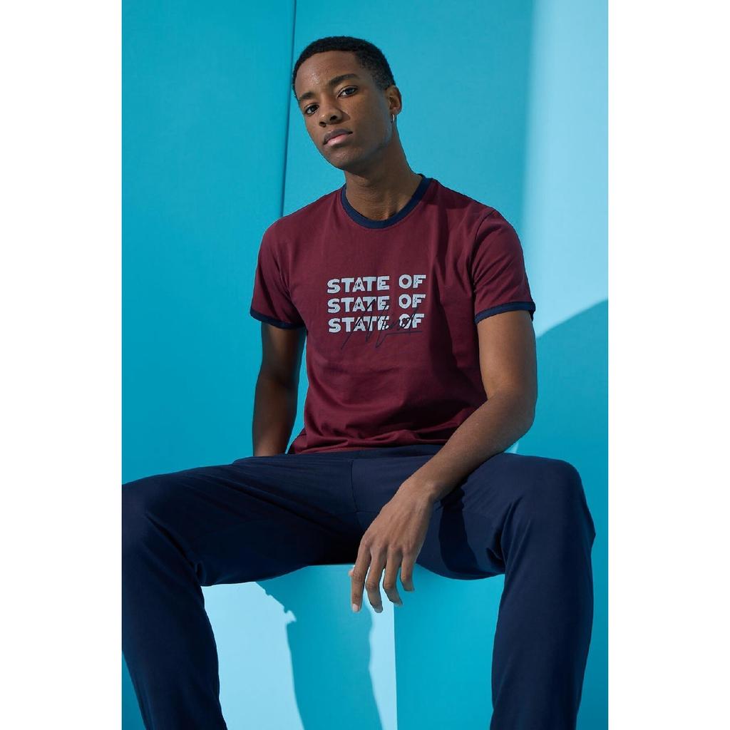 Khaki State bedrucktes, kurzärmliges Herren-Pyjama-Set mit Bündchen