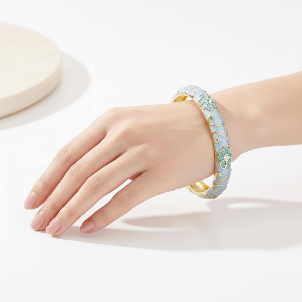 Traditional Chinese Flower Bangle Big Floral Women's Hand Bracelet Vintage Cloisonne Bangle Ladies