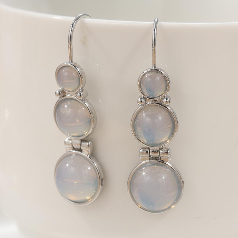 Exquisite Synthetic Moonlight Stone Silvery Plated Round Pendant Earrings for Women Wedding Banquet Jewelry Accessories