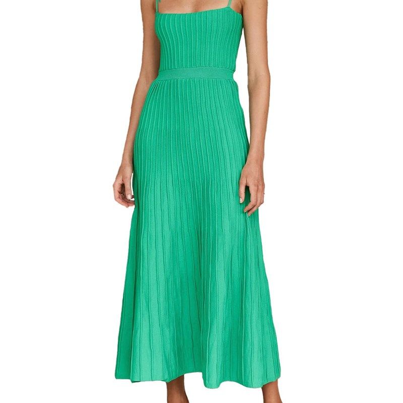 

Summer Strappy Dress Fashion Solid Color High Waist Swing Kn Green L