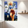 Vintage Wartime Pin-Up Style Metal Tin Sign - Smiling Blonde Woman with Blue Blouse & Brown Skirt Leaning on Military Aircraft,