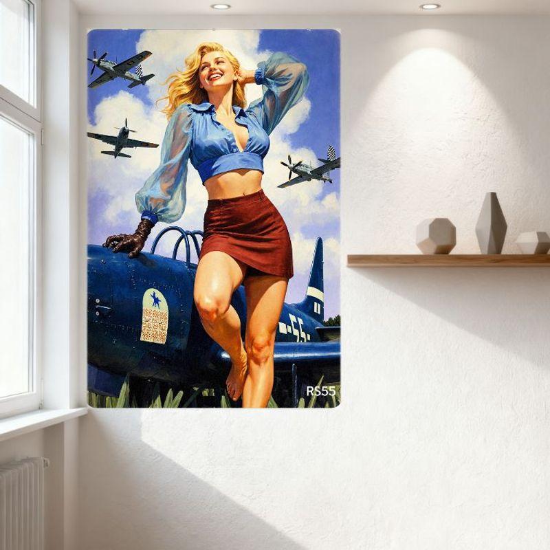 Vintage Wartime Pin-Up Style Metal Tin Sign - Smiling Blonde Woman with Blue Blouse & Brown Skirt Leaning on Military Aircraft,