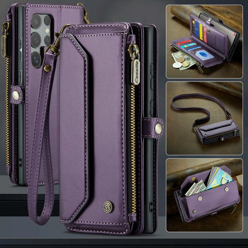 Custodia di Lusso in Pelle per Samsung S24 FE S23 Ultra S22 S21 Plus S20 S25 A16 A17 A57 A55 A35 A54 A34 S26 Tracolla con Cordino Portafoglio con Zip Slot per Carte Copertura